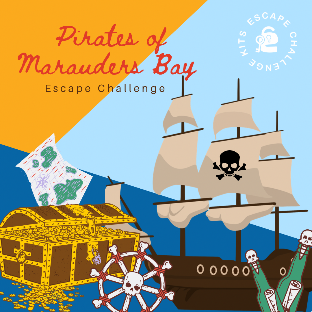 Pirates of Marauders Bay escape room challenge game kit cover with ship, treasure chest, and map.