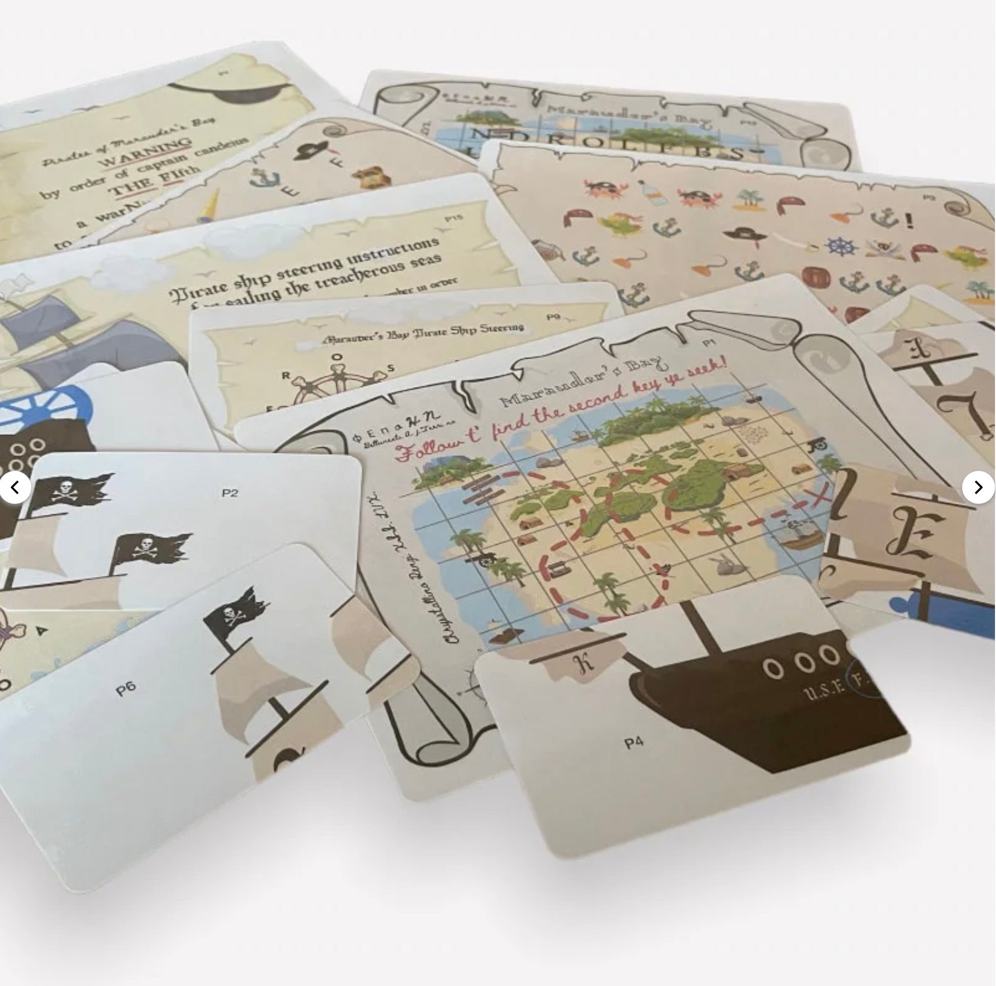 Collection of pirate themed puzzles and clues with illustrations on a white background as contents of a pirate escape room kit