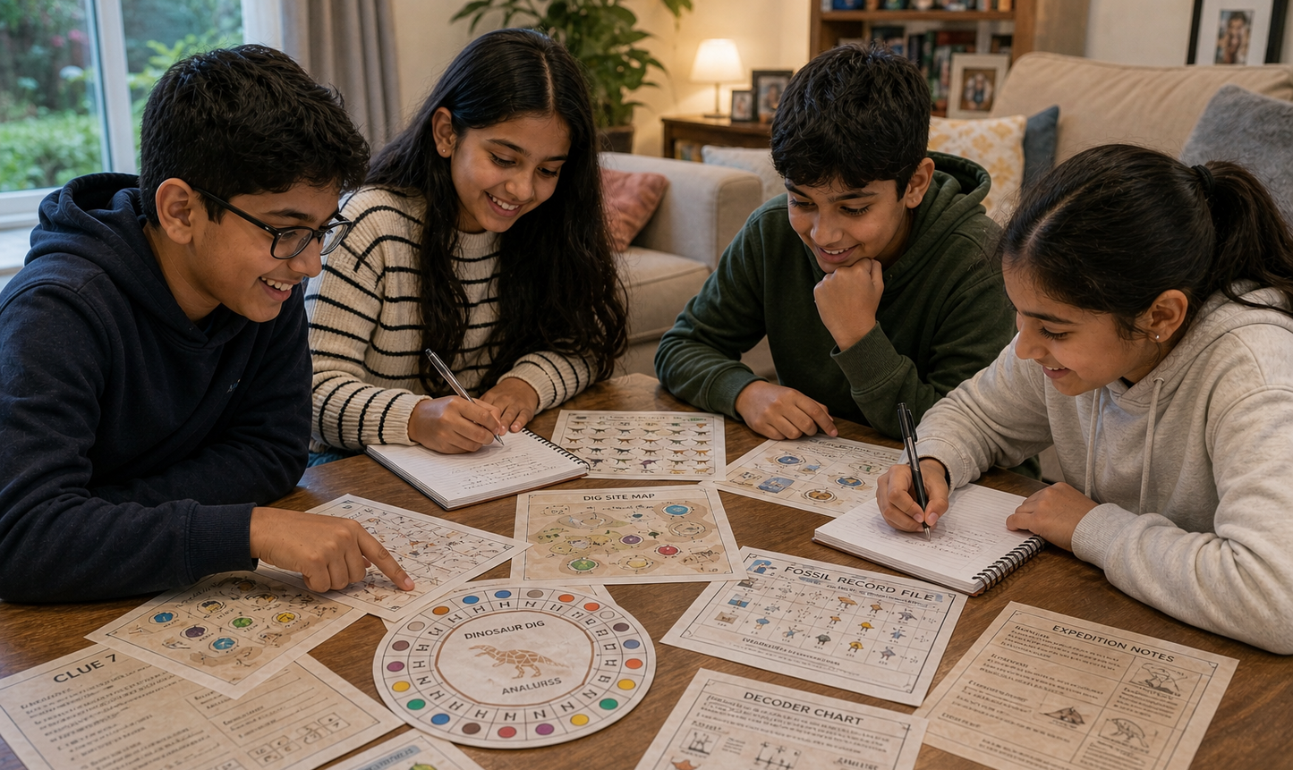 Four children sitting around a table playing a dinosaur themed escape room challenge game, with materials and a game board.