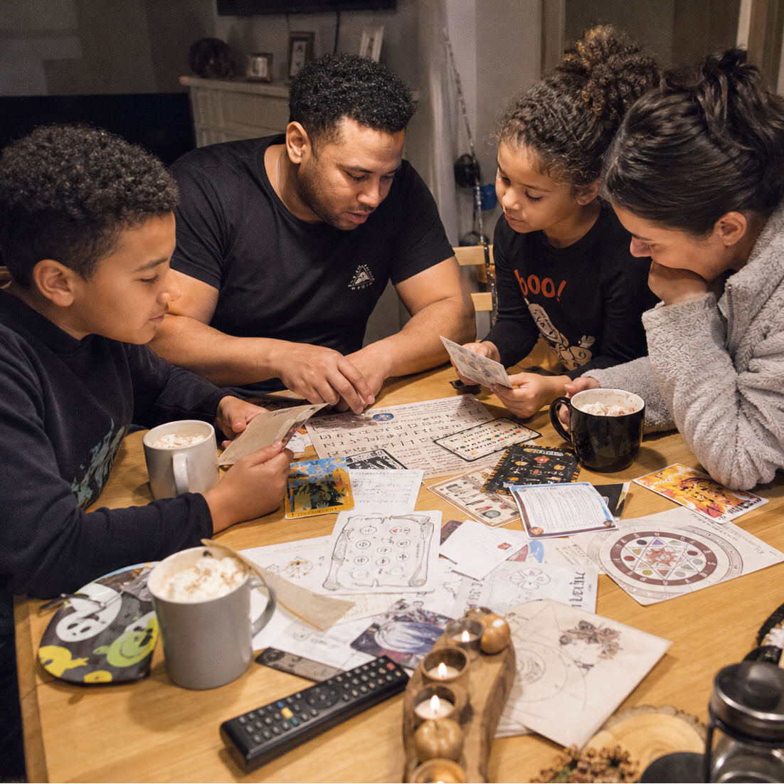 Family playing a zombie themed escape room kit game called the undead together at a table