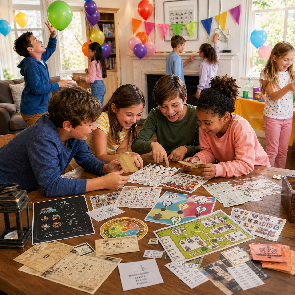 Children playing an escape room game together during a birthday party in living room.