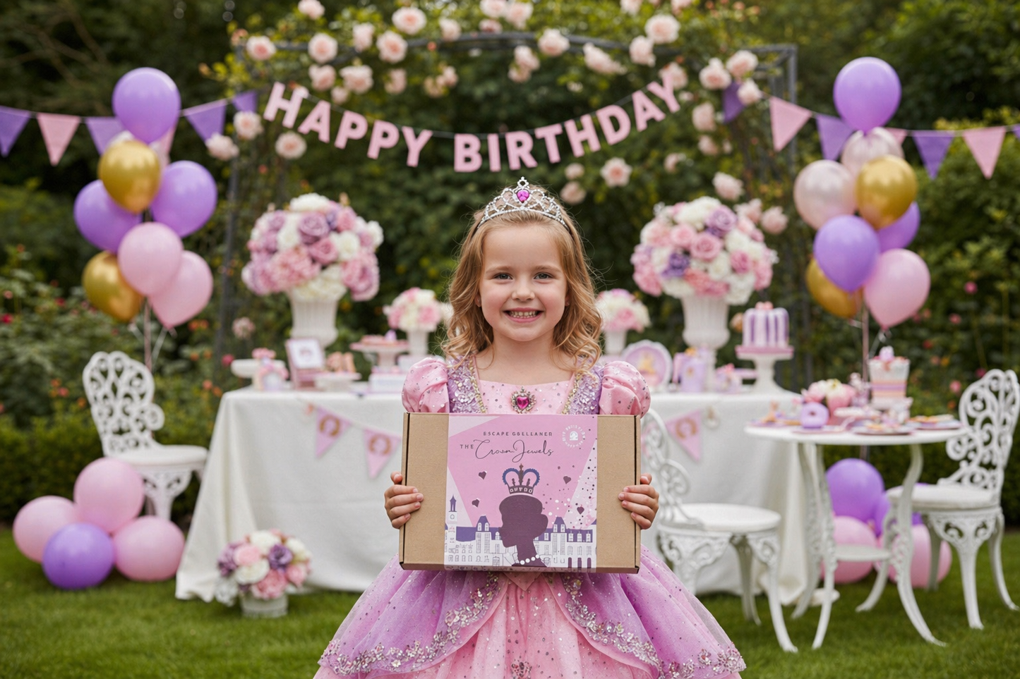 Young girl in a pink princess dress holding a princess themed escape room kit called Crown Jewels  at a decorated outdoor birthday party.