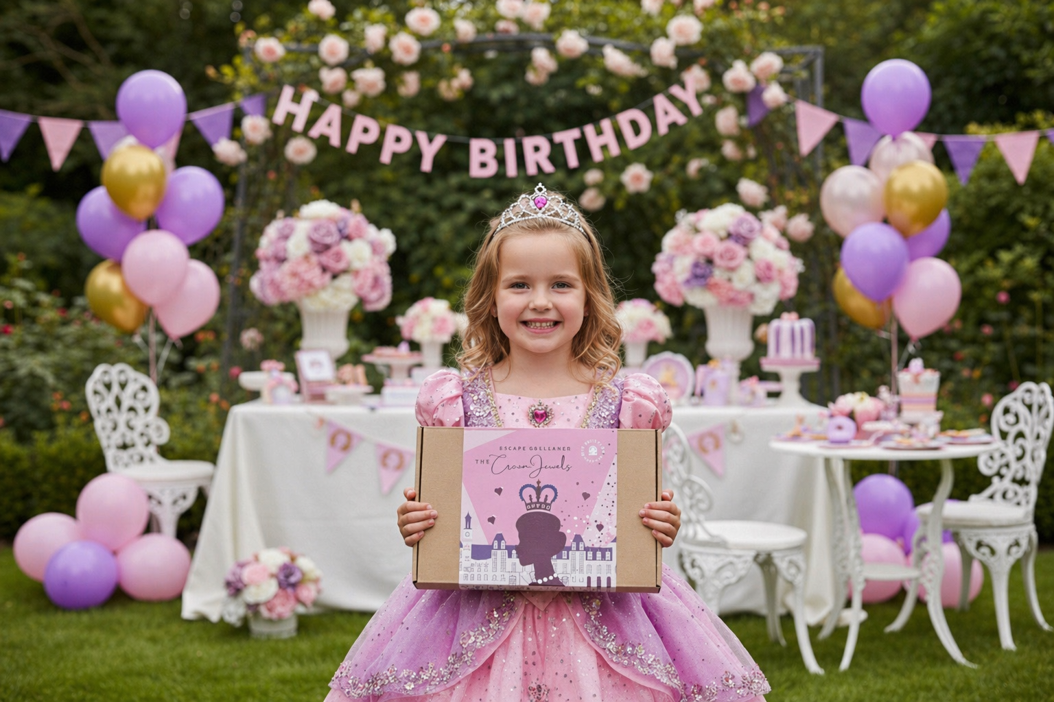 Young girl in a pink princess dress holding a princess themed escape room kit called Crown Jewels  at a decorated outdoor birthday party.