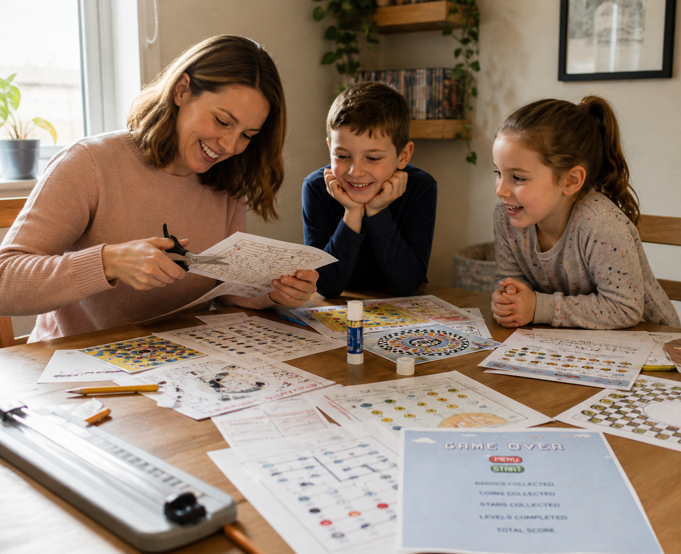 Woman and two children engaged in an activity at a table prepping a print at home escape room game
