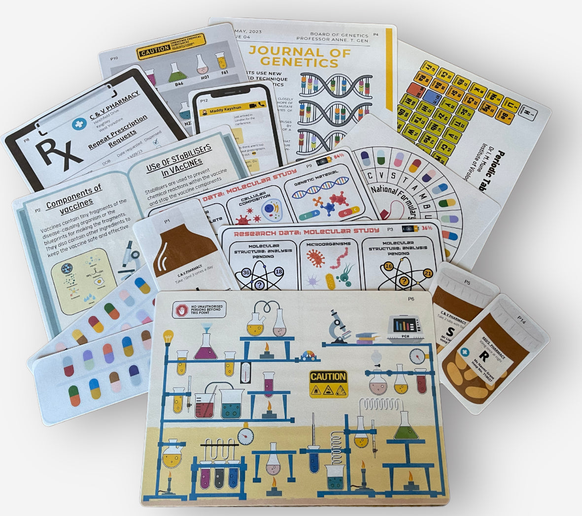 Escape room kit  game components on a white background, shows science themed puzzles, cyphers and clues