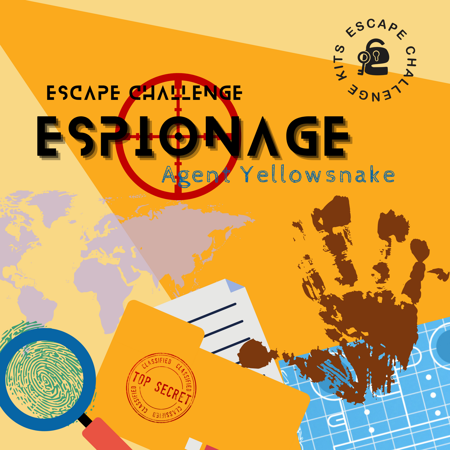 Escape room kit cover of 'Escape Challenge Espionage Agent Yellowsnake' with spy-themed graphics.