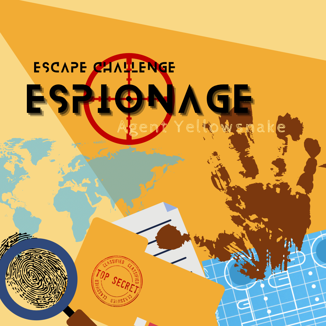 Escape room challenge game kit spy themed with world map, handprint, and spy elements on a yellow background.