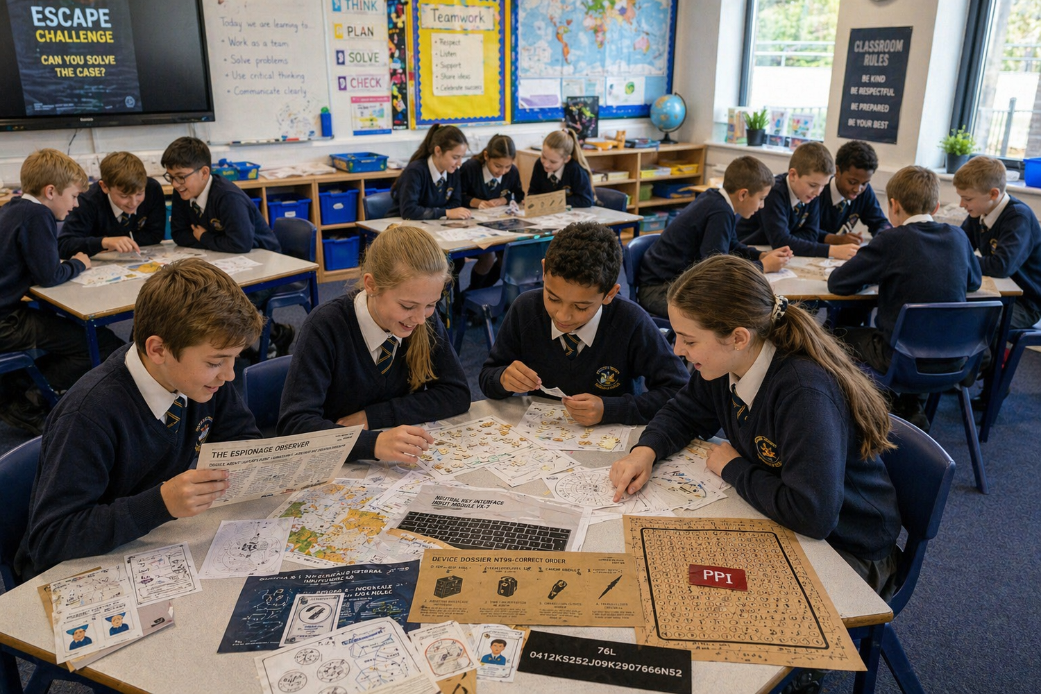 Students in a classroom setting playing an escape room game with game materials on tables.