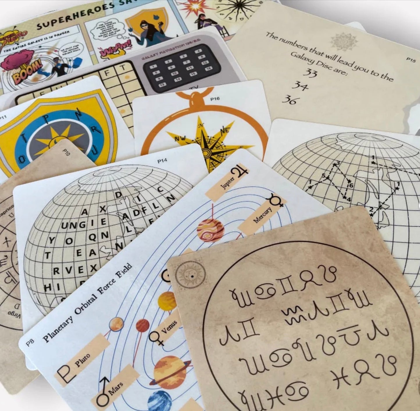 Collection of cards from a superhero escape room kit for home with various designs and text on a white background