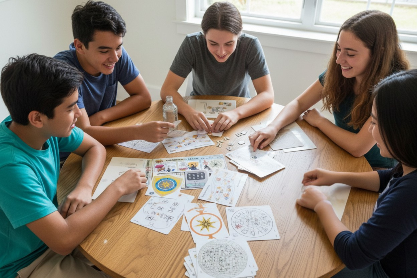 Five friends playing a superhero themed escape room game together at a table.