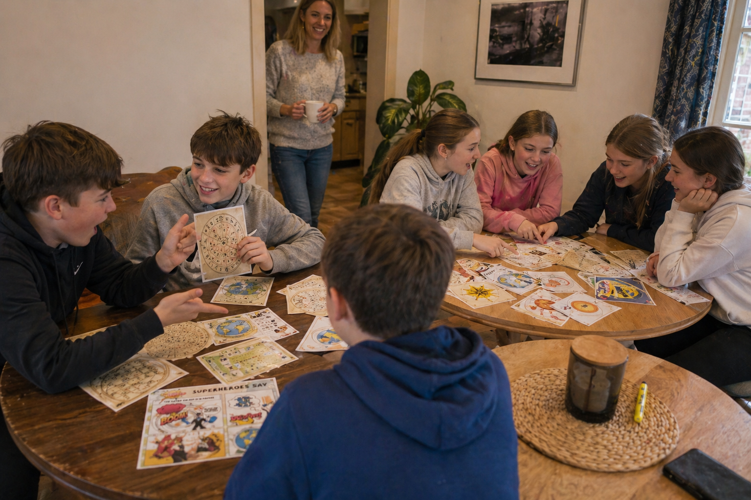 2 teams of Children playing an escape room kit in a box game around a wooden table in a cozy living room.