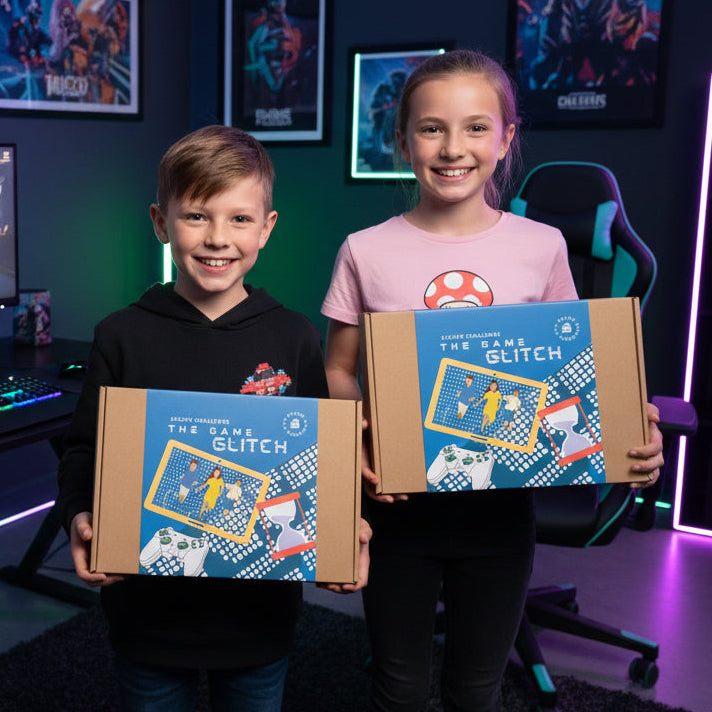 Two children holding escape challenge kits with gaming-theme in a room with gaming setup and posters.