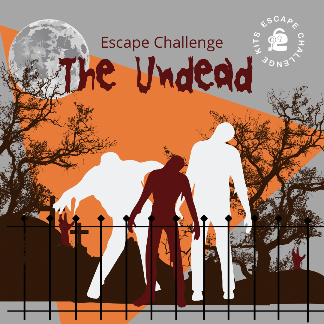 The Undead zombie escape room kit cover featuring zombies, a full moon and a spooky puzzle adventure