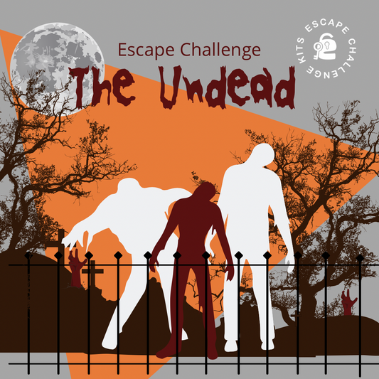 The Undead zombie escape room kit cover featuring zombies, a full moon and a spooky puzzle adventure