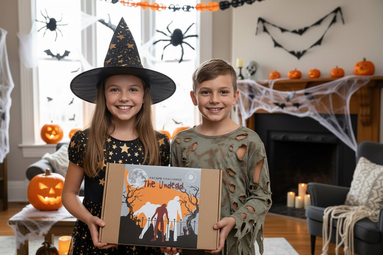 2 children in halloween costumes holding a zombie themed escape room kit