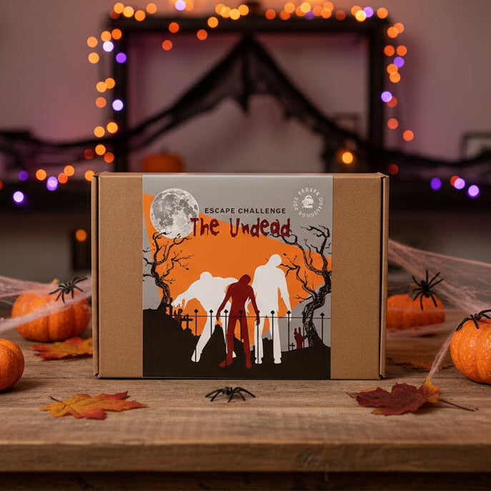 Halloween-themed zombie escape room challenge box with pumpkins and crows in the background