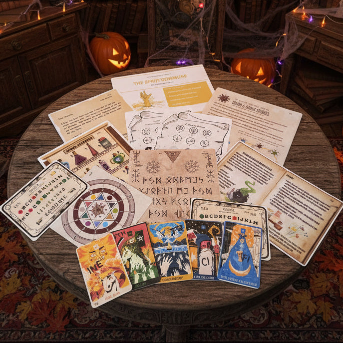 Contents of the undead zombie escape room Halloween play at home kit on a table in a room with Halloween decorations