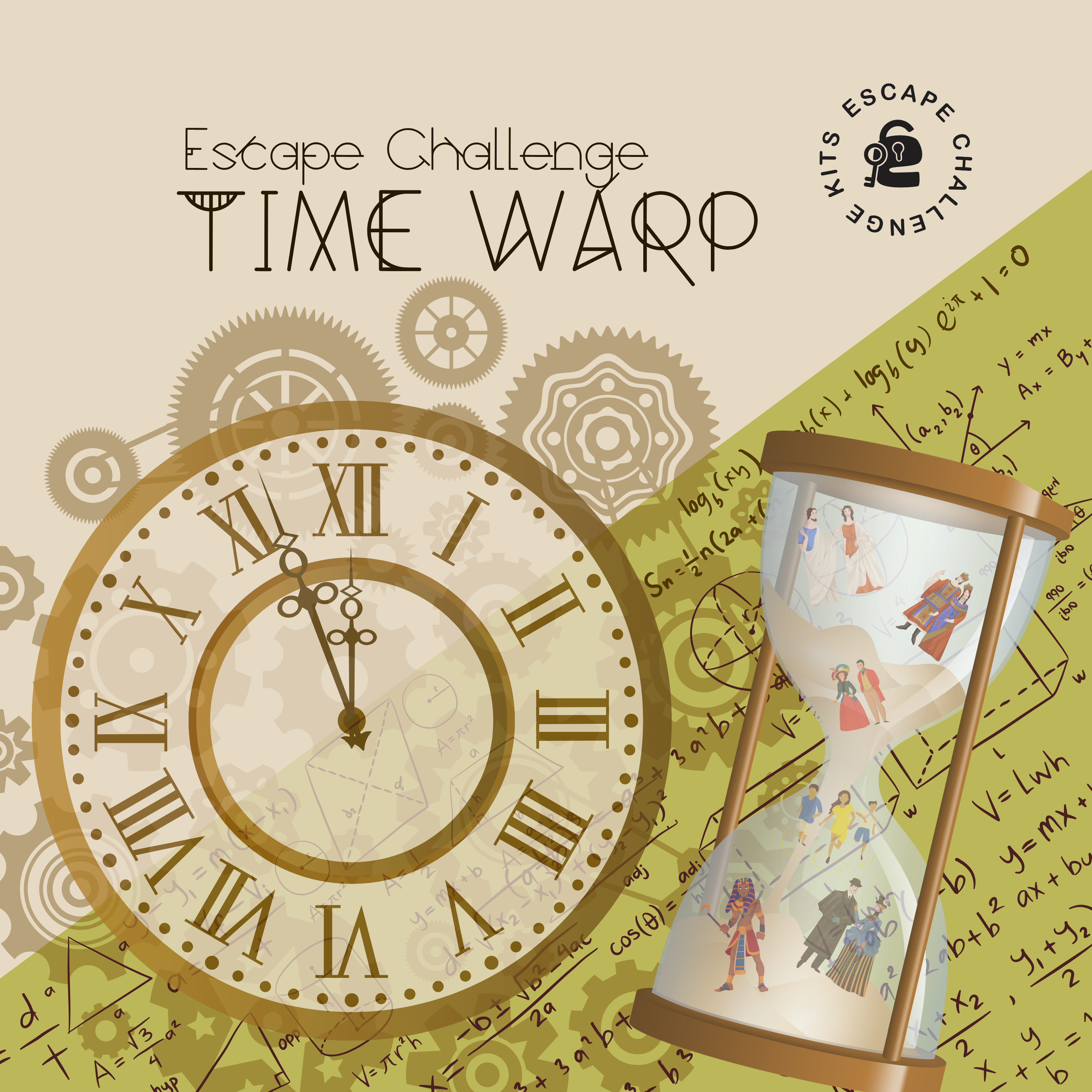 Cover graphic for 'Time Warp' escape room challenge kit with clock, hourglass, and mathematical equations.