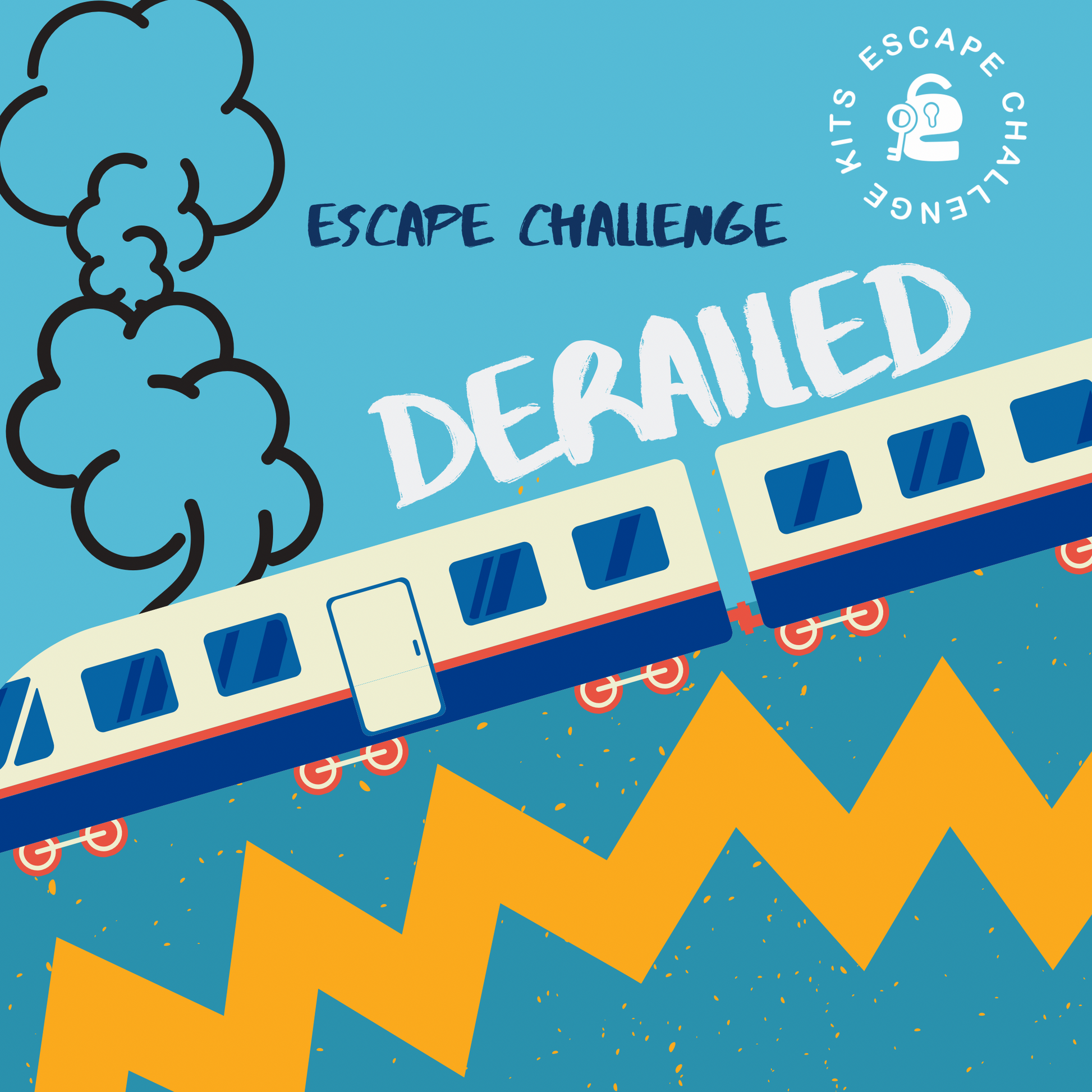 Illustration of a train derailing with smoke and text 'Escape Challenge Derailed' on a blue background an escape room kit cover