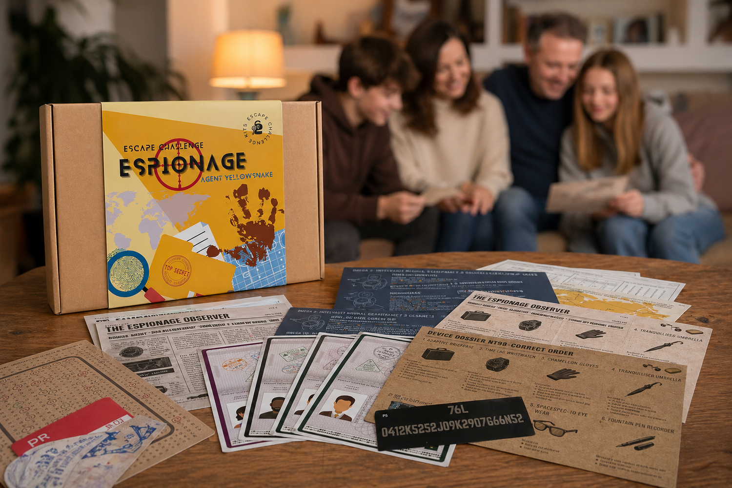 Escape room in a box labeled 'Espionage' with game pieces and puzzles on a table, displaying the contents, surrounded by people in a cozy room.