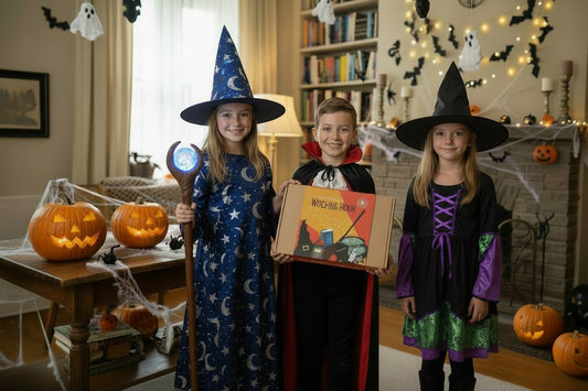 Three children in Halloween costumes in a decorated room with pumpkins and decorations holding a Halloween themed escape room kit