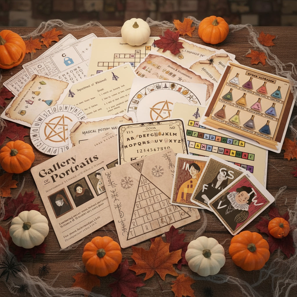 Contents of witch themed escape room kit various designs on a table with pumpkins 