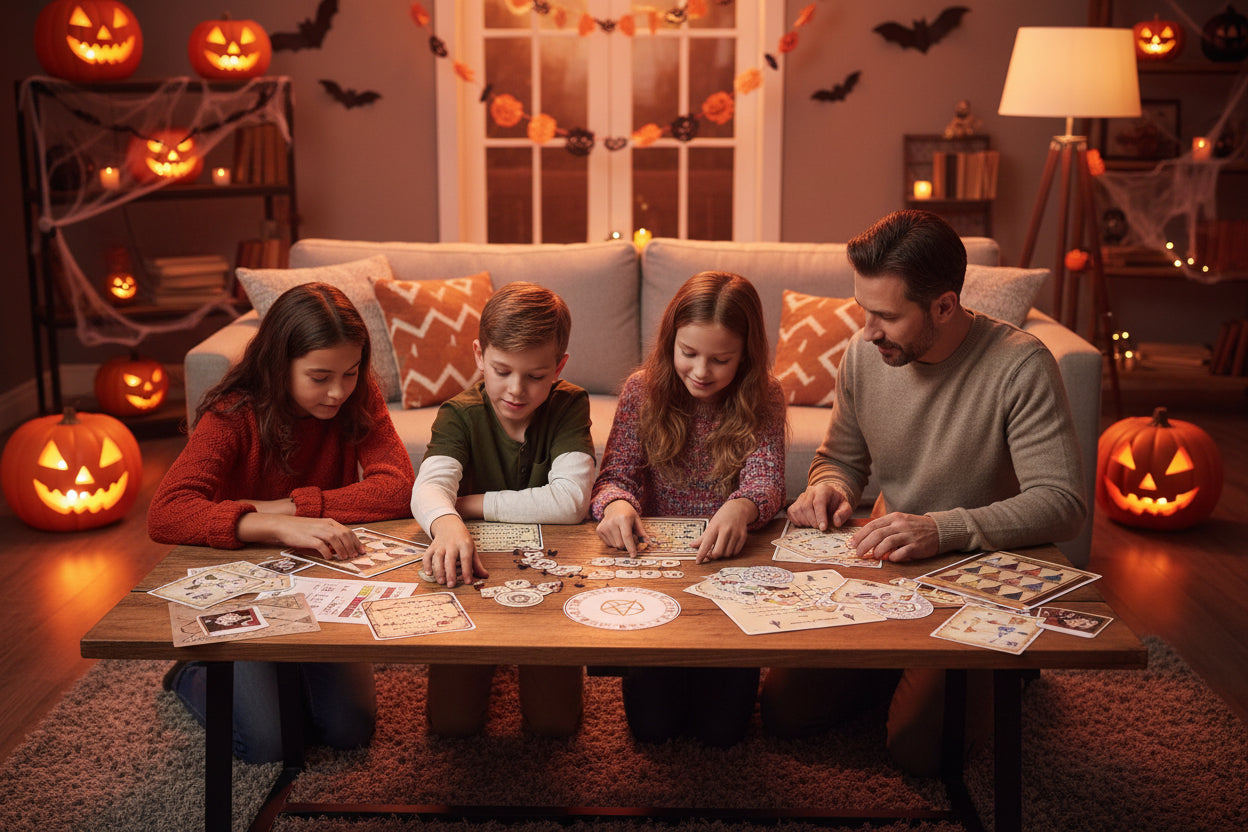 A father and 3 children playing a Halloween themed escape room kit at home