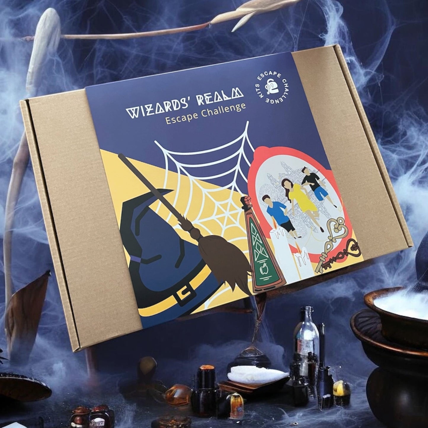 Wizards' Realm escape challenge box with magical props on a dark background