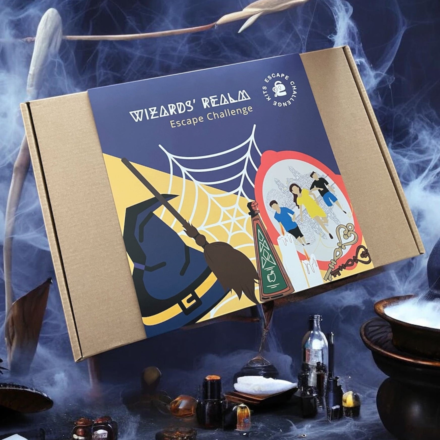 Wizards' Realm escape challenge box with magical props on a dark background