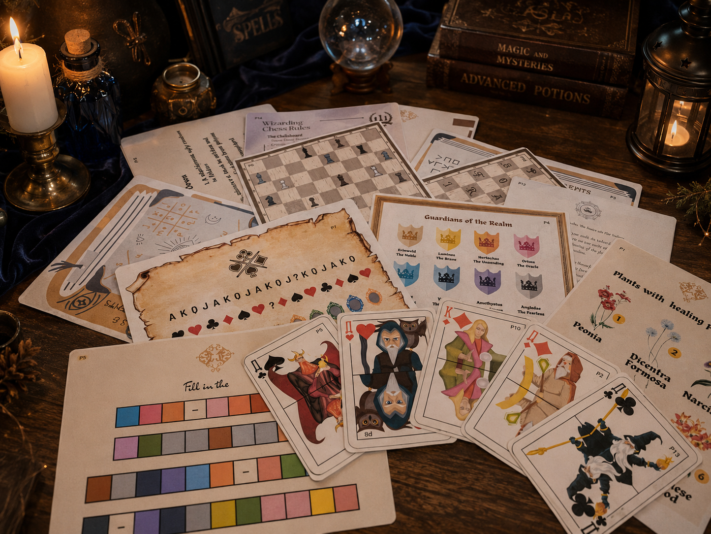 Contents of a wizard themed escape room kit displayed on a table, with wizarding themed props.