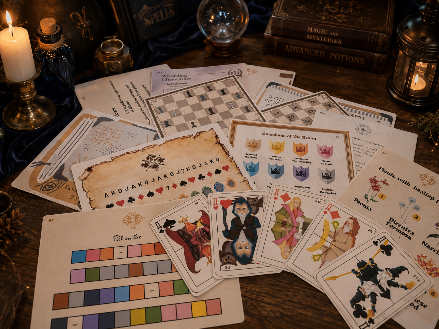 Contents of a wizard themed escape room kit displayed on a table, with wizarding themed props.
