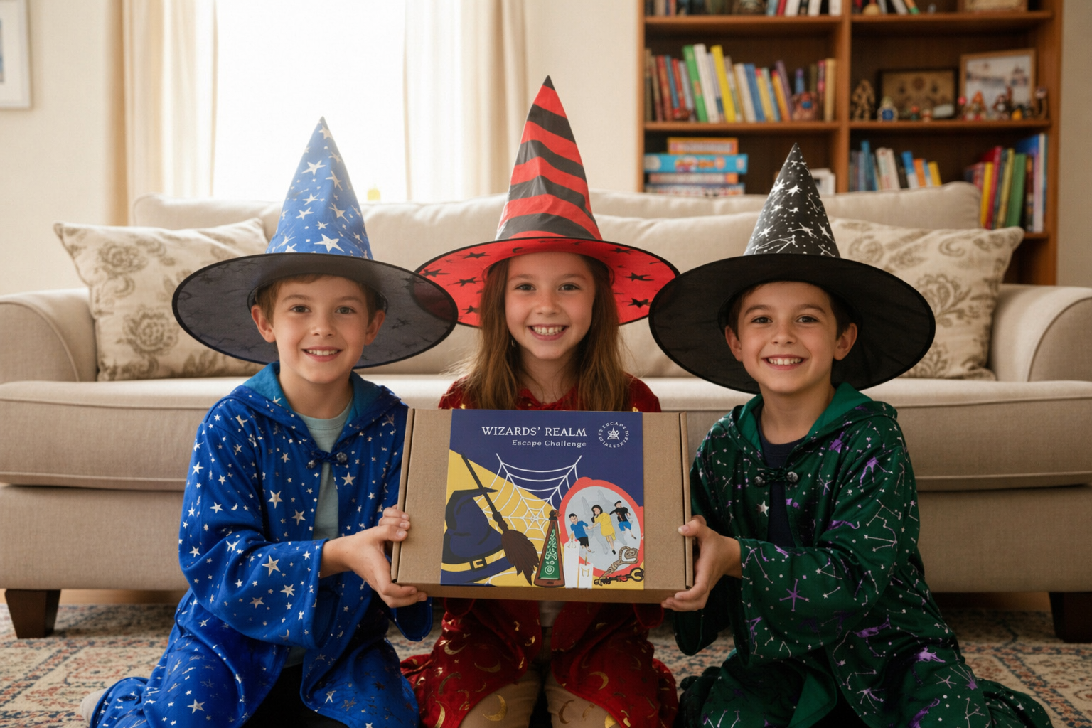 There children in wizard costumes holding an escape room kit called “Wizards Realm”