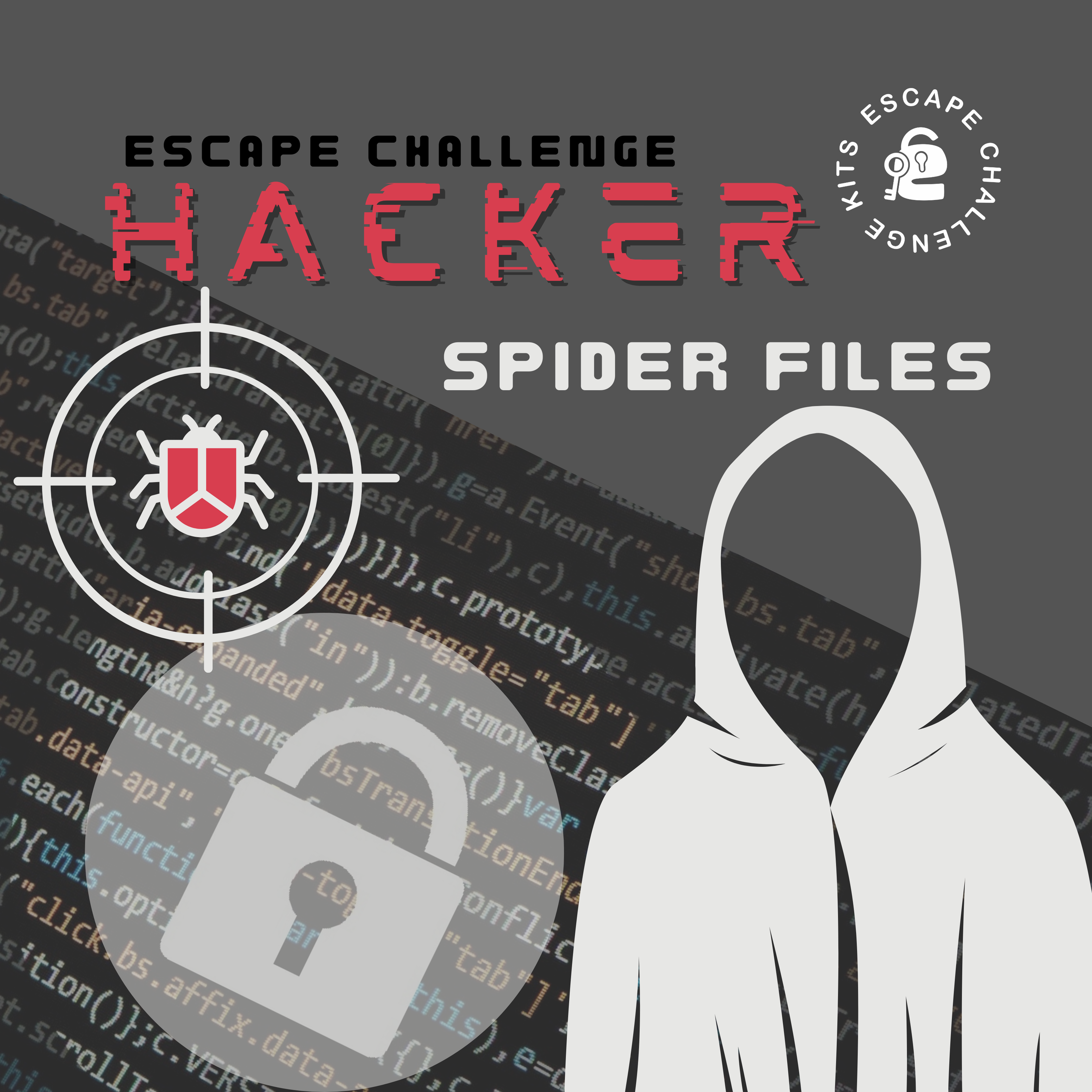 Hacker themed Escape challenge kit packaging with hooded figure, target, and code background